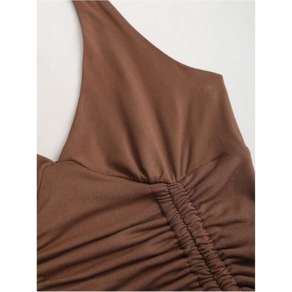 Women's Halter Dress Polyester V Neck Ruched Asymmetrical Short Casual - Picture 3 of 5